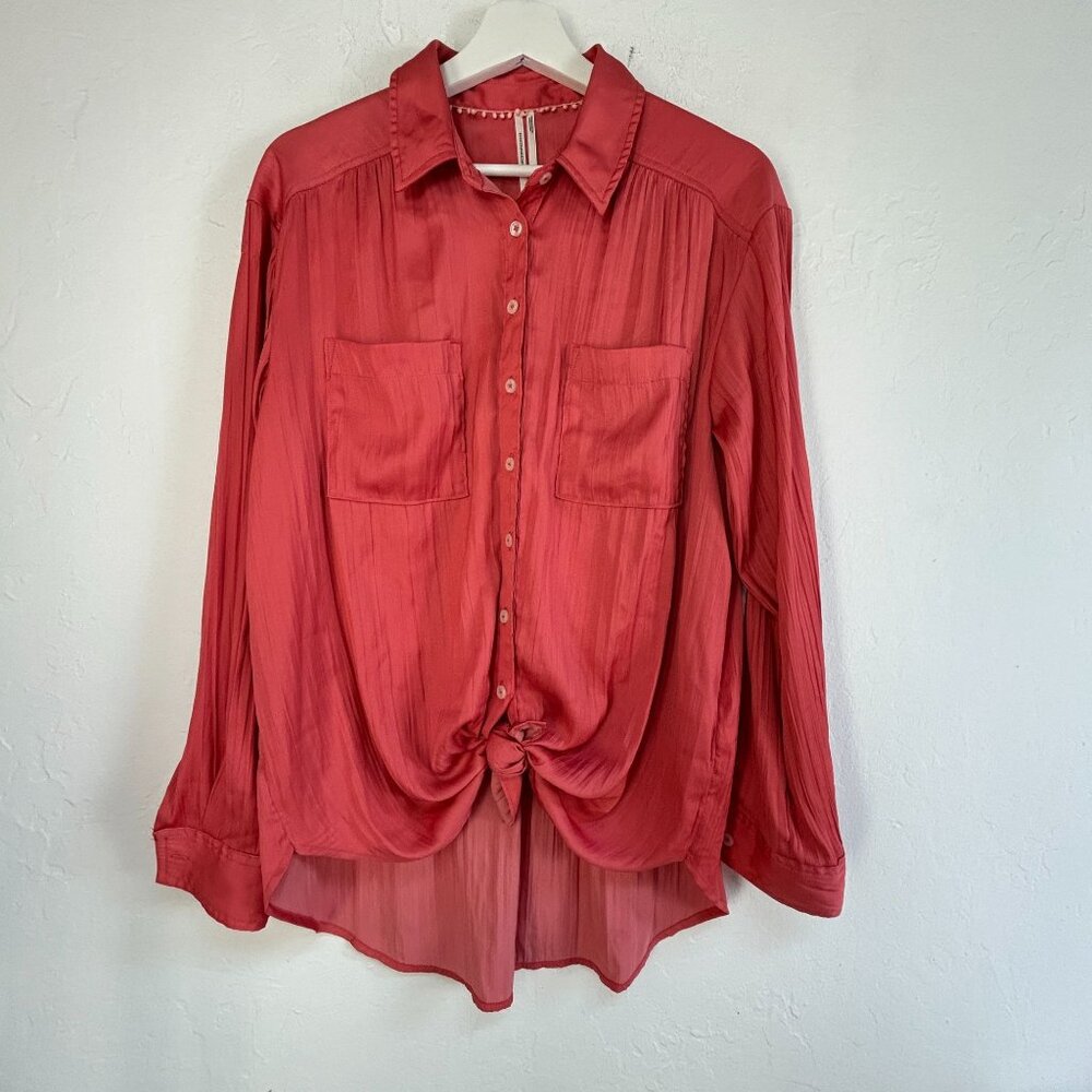 Anthropologie Womens Coral Tie-Front Button-Up Blouse Long Sleeve Medium NWOT